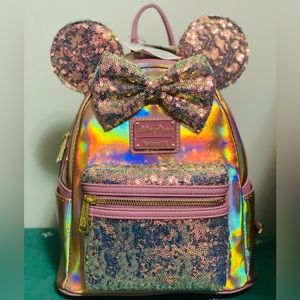 LOUNGEFLY Disney Parks 50th Anniversary Pink Sequin Backpack & FREE EARS